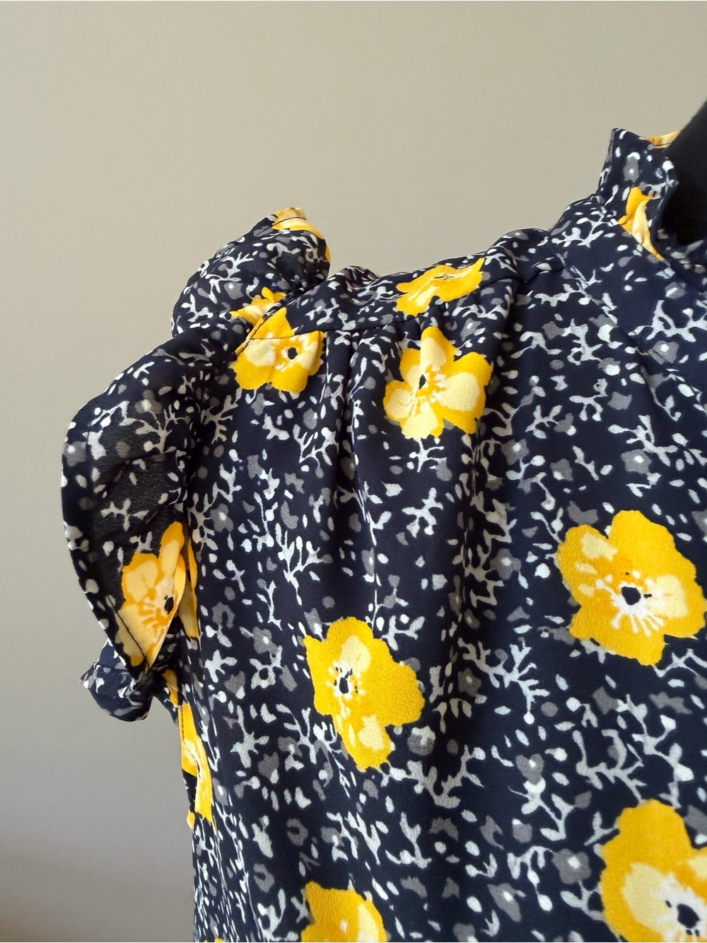LOFT Navy Floral Ruffle Cap-Sleeve Blouse - Yellow Flower Print Medium - Picture 7 of 10